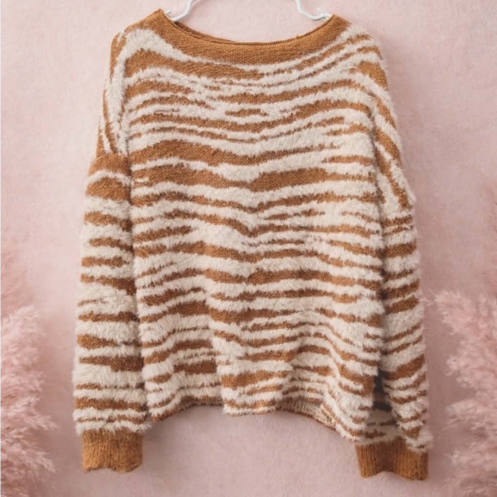 Easel Fuzzy Zebra Stripe Sweater - Tan and Cream